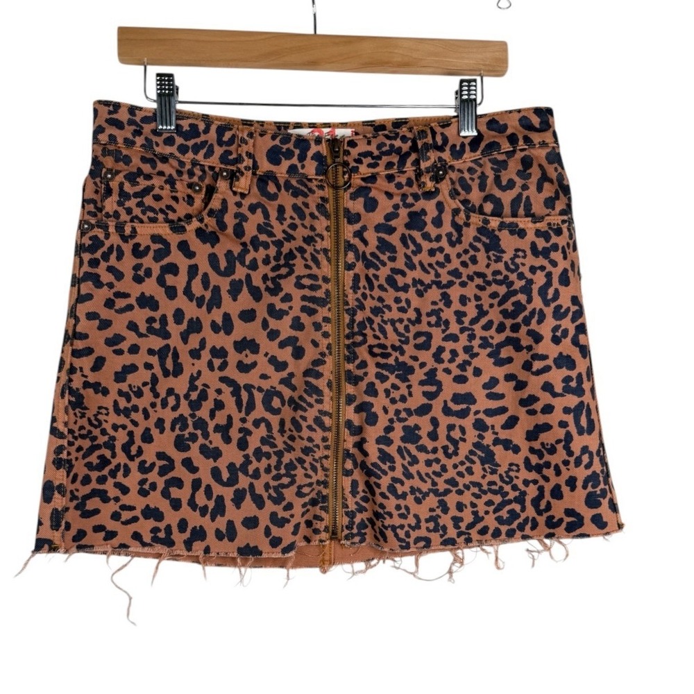 We The Free Women's Zip It Up Leopard Denim Skirt Size 31 Brown Black